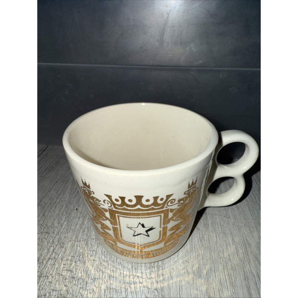 Double Loop Handle Cup With Gold Lion Shield Logo 3" Tall‎ Cream Color